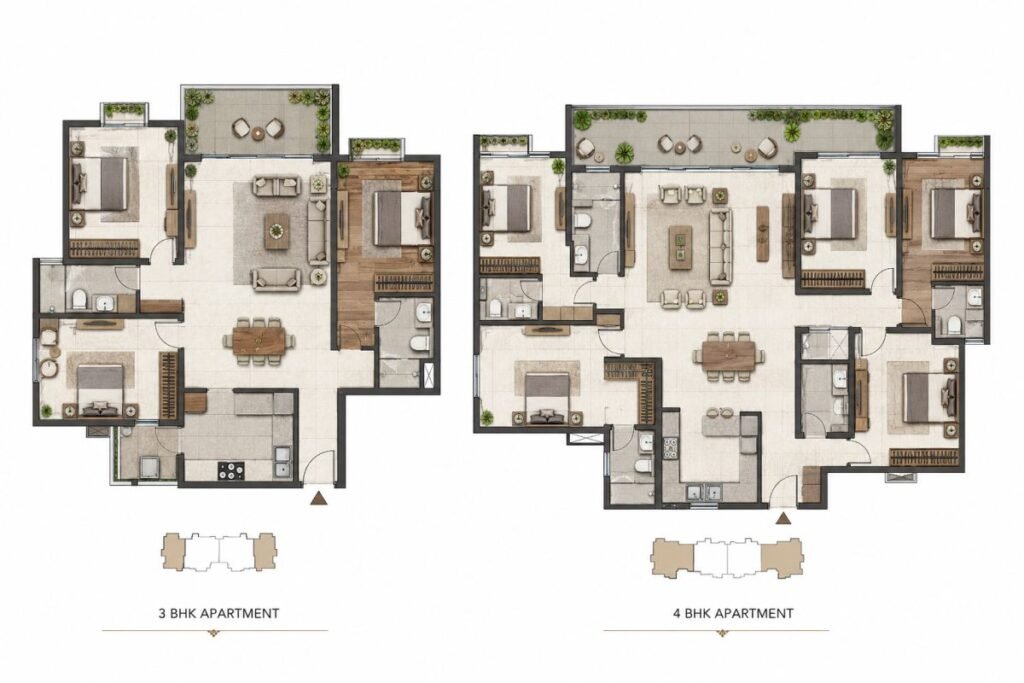 Adani Marq 3 BHK and 4 BHK apartment floor plans