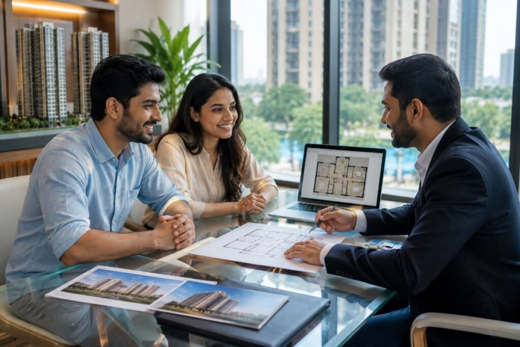 Homebuyers reviewing affordable housing documents in Gurugram