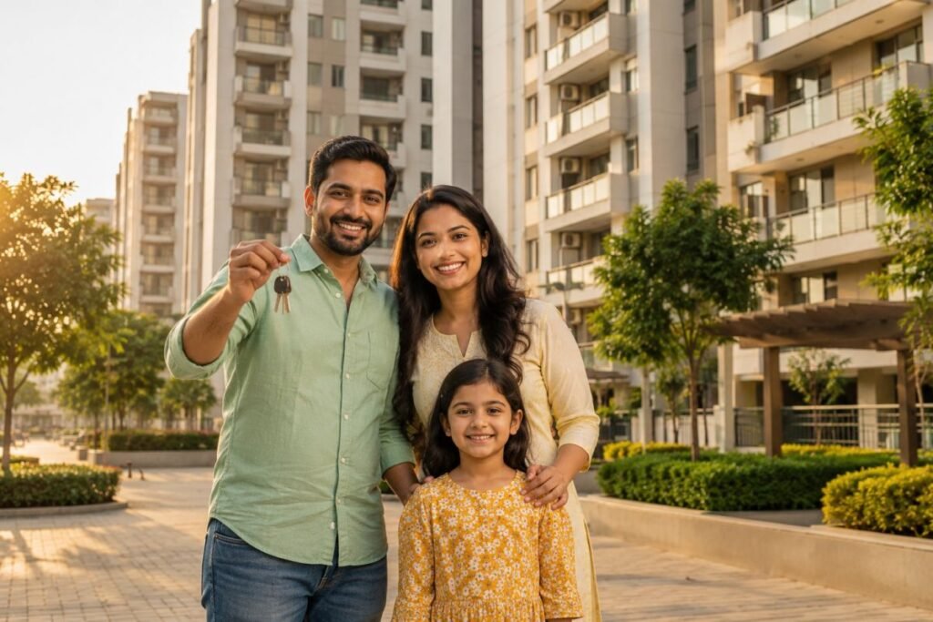 Family receiving keys to affordable housing apartment in Gurugram
