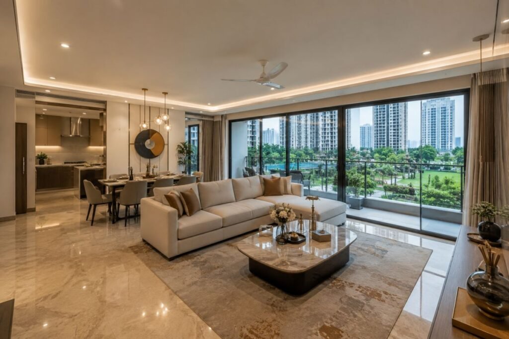 Spacious living room and balcony design at Ashiana Aaroham