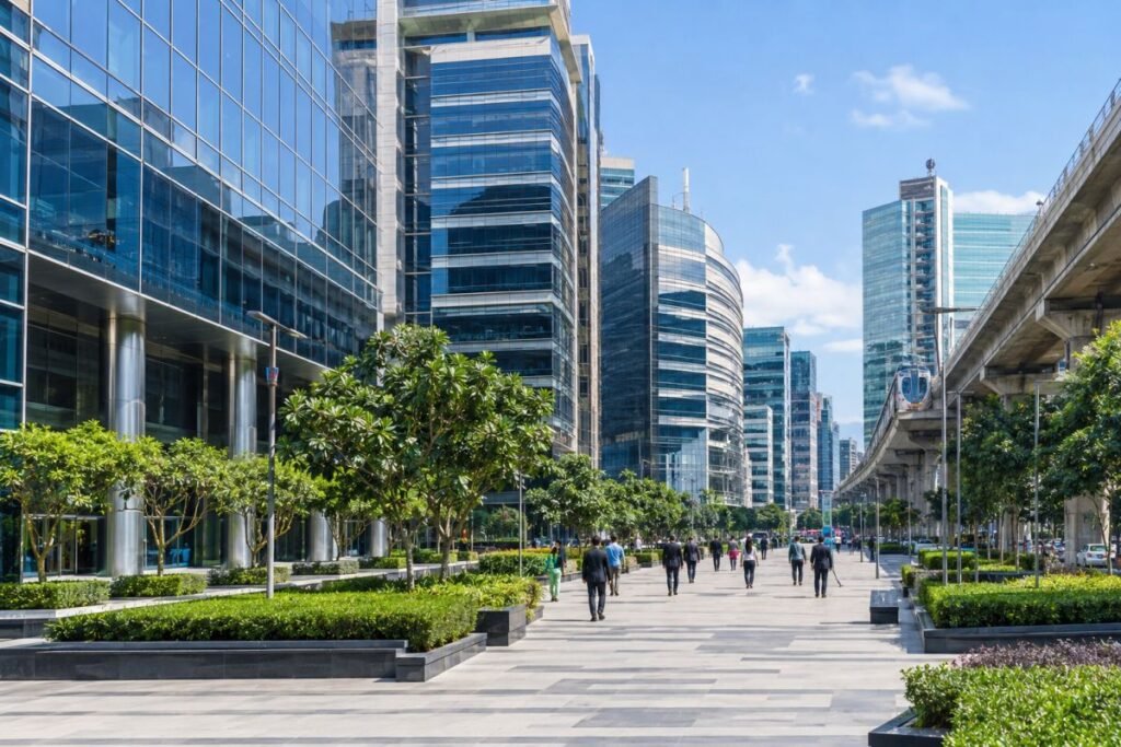 Modern business district in Gurugram with premium commercial office buildings