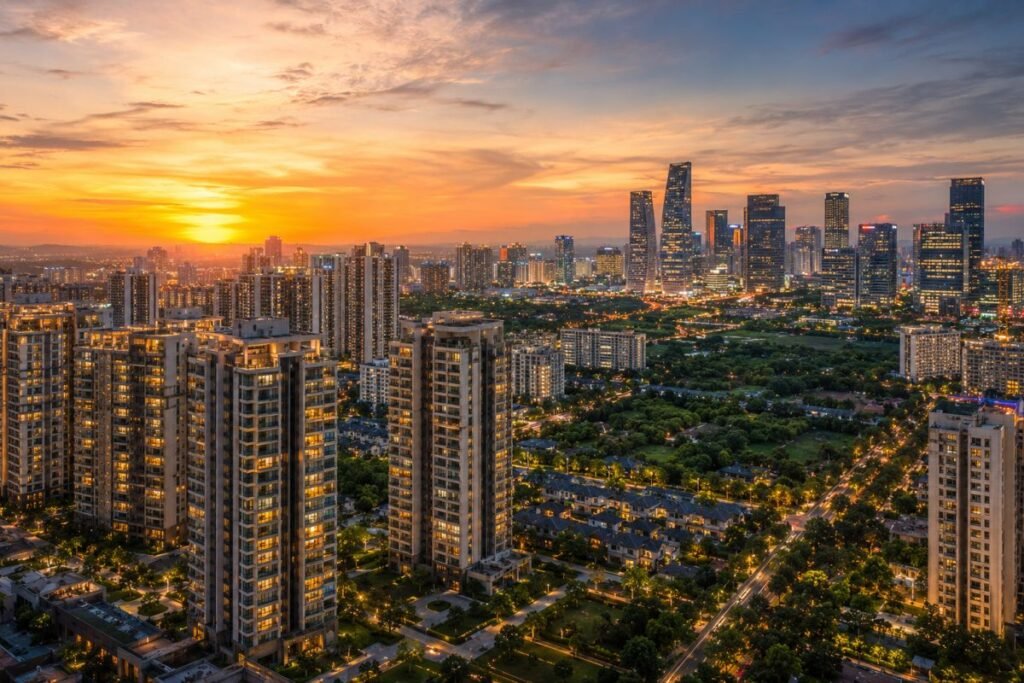 Gurugram luxury residential skyline at sunset
