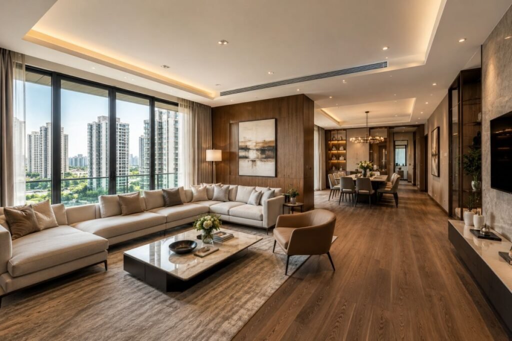 Spacious luxury 3 BHK apartment living room in Gurugram