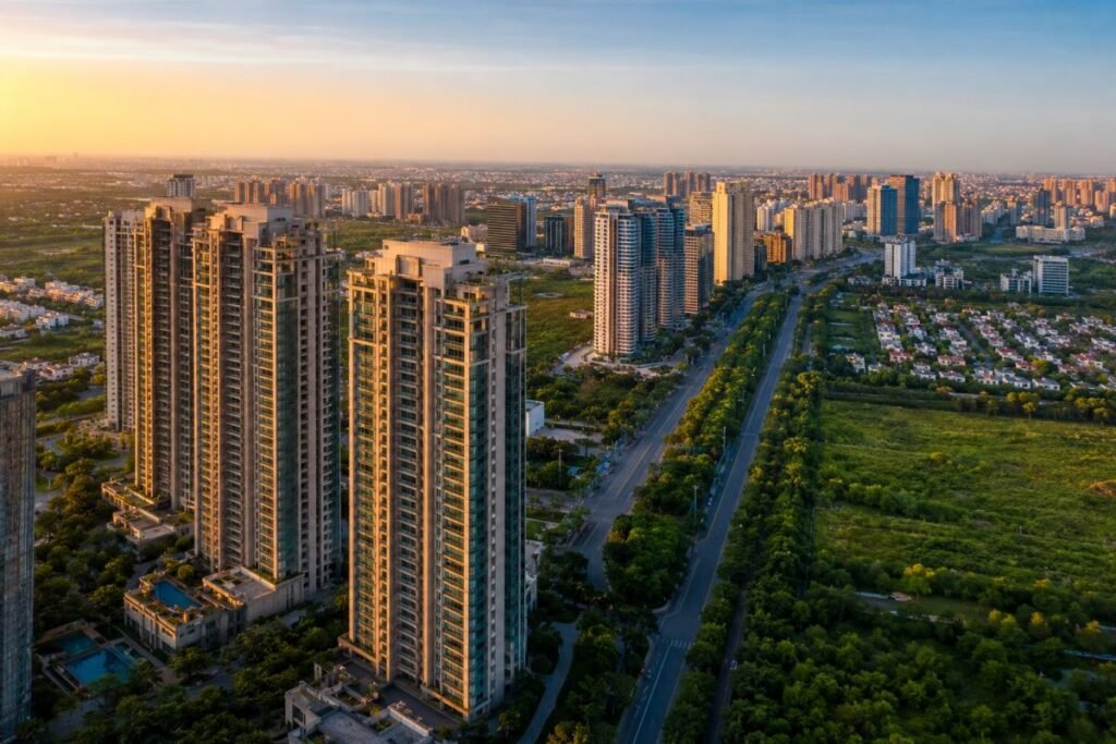 Luxury apartments in Gurugram skyline with premium residential towers