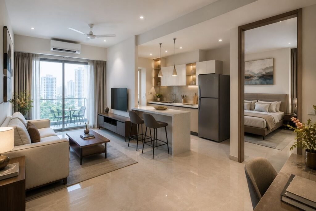Modern 1 BHK apartment interior in Gurugram