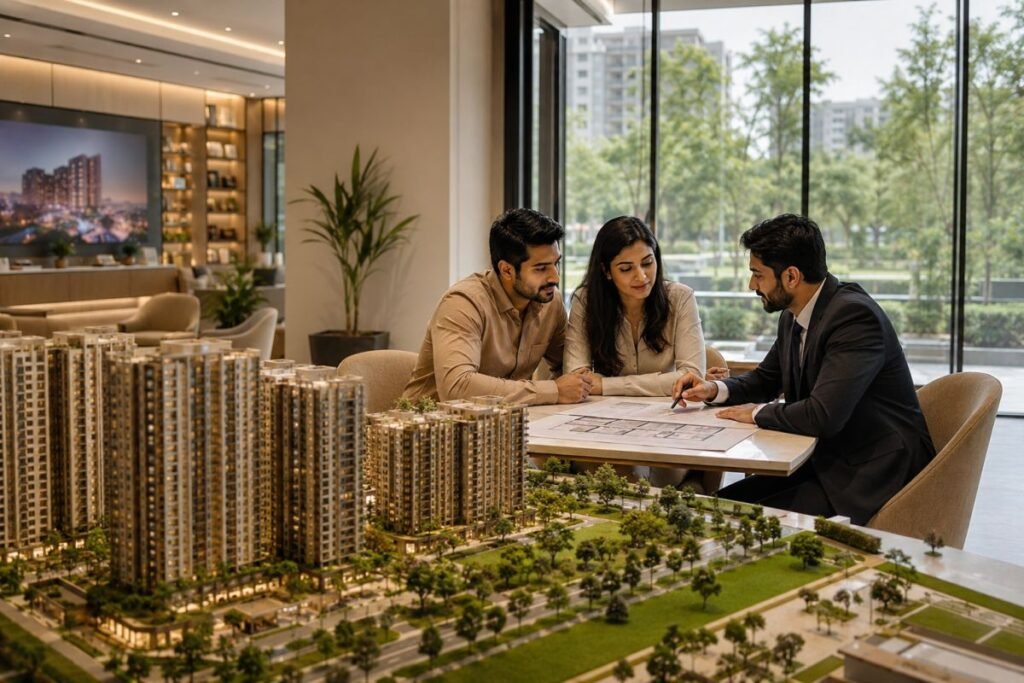 Buyers exploring new residential projects in Gurugram with property consultant