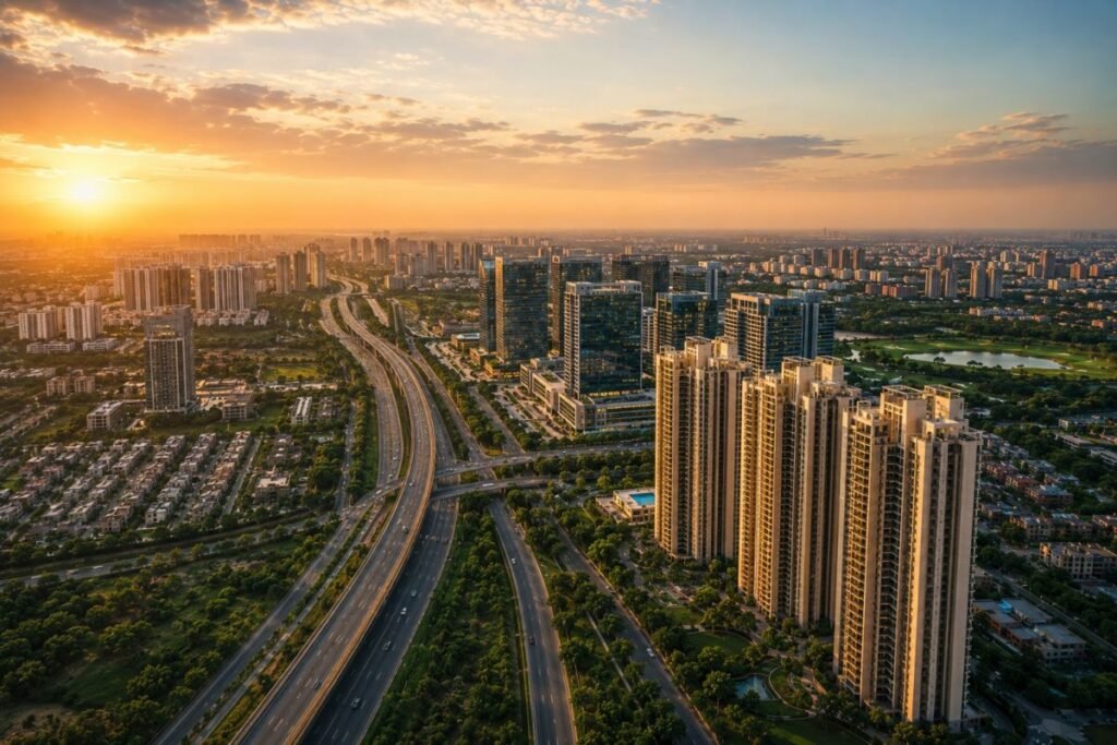 Property in Gurgaon 2026 investor guide featuring Gurugram skyline with luxury residential and commercial developments