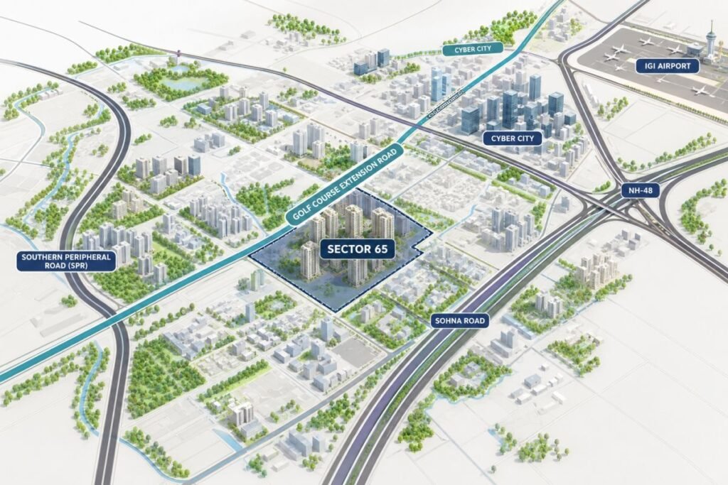 Illustrated location map showing Sector 65 Gurugram connected to Golf Course Extension Road, SPR and NH-48