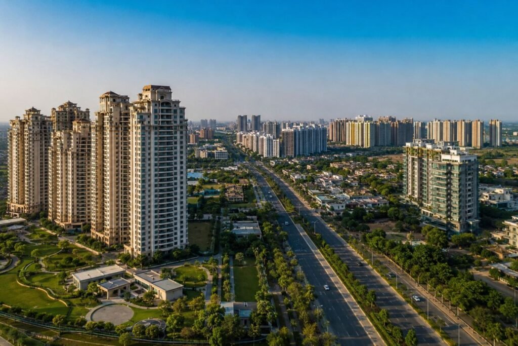 Aerial overview of Sector 65 Gurugram featuring premium residential communities along Golf Course Extension Road