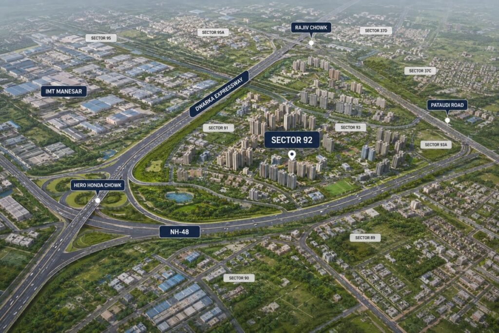 Sector 92 Gurugram location map showing connectivity to Dwarka Expressway and NH-48
