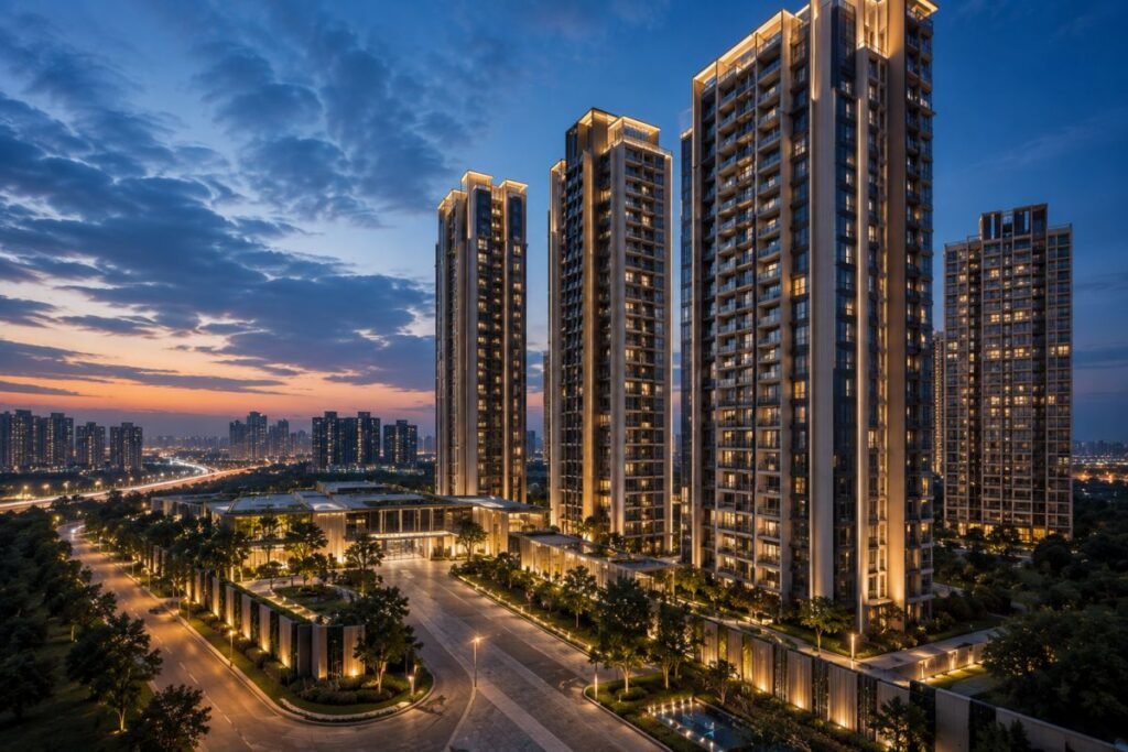 Evening skyline view of Smartworld One DXP Gurugram