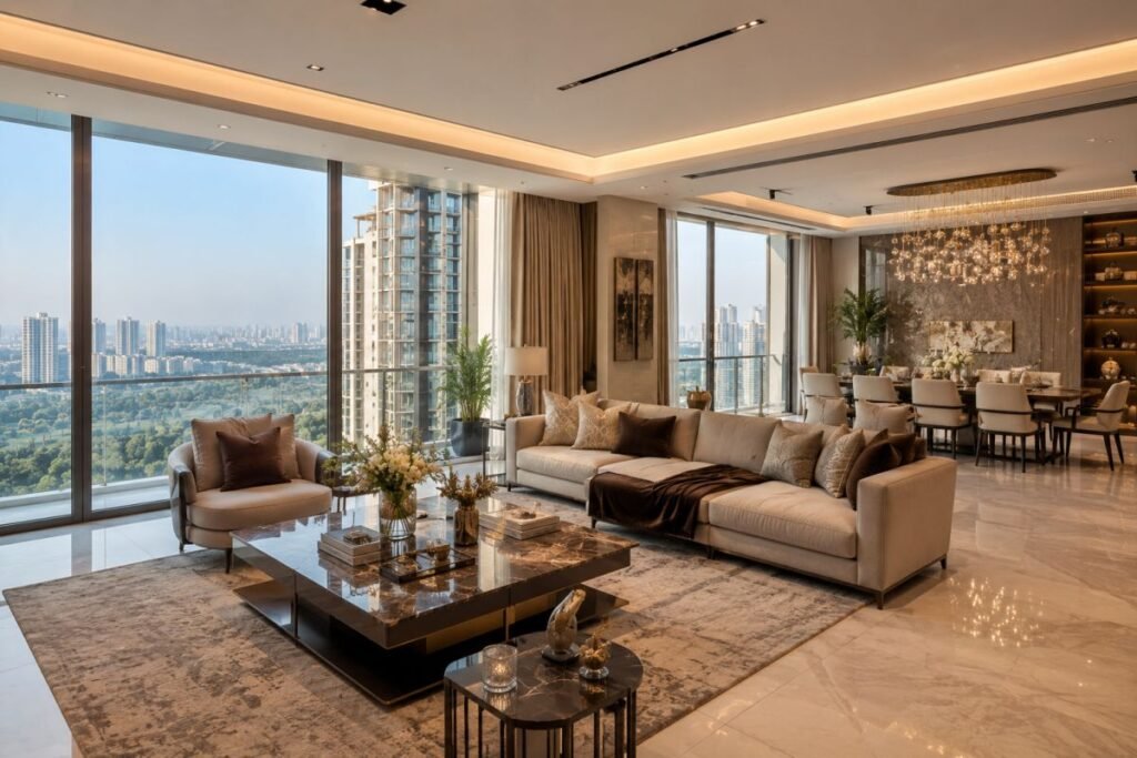 Luxury living room interior at Smartworld Sky Arc apartments