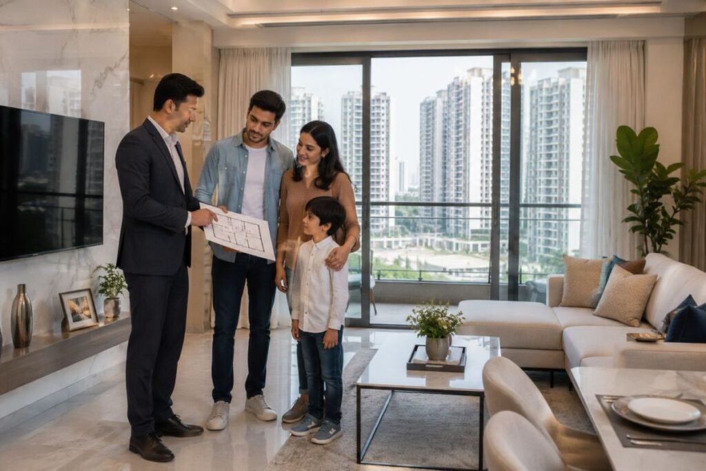 Young family visiting a 2 BHK apartment in Gurugram