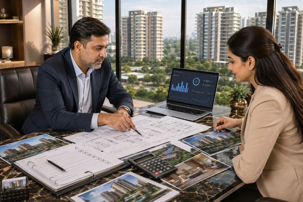 Property investor reviewing Adani Realty project documents and RERA details
