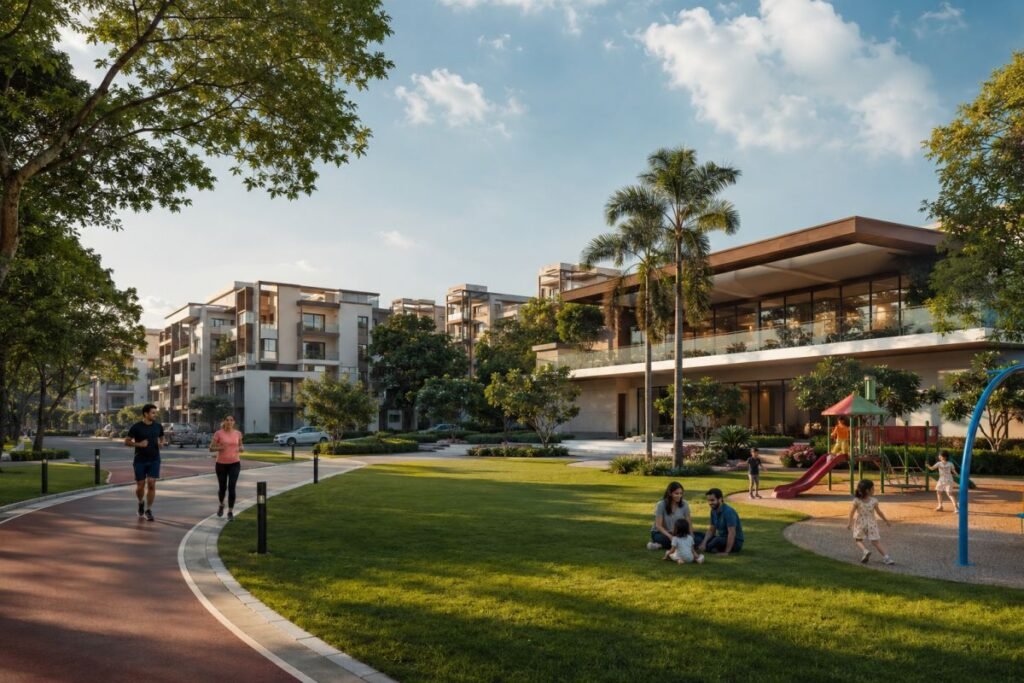 Luxury gated community amenities and landscaped infrastructure in Gurugram