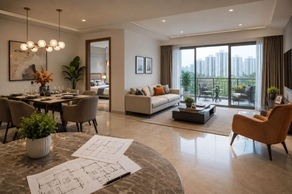 Apartment floor plan and spacious residential interior in Gurugram