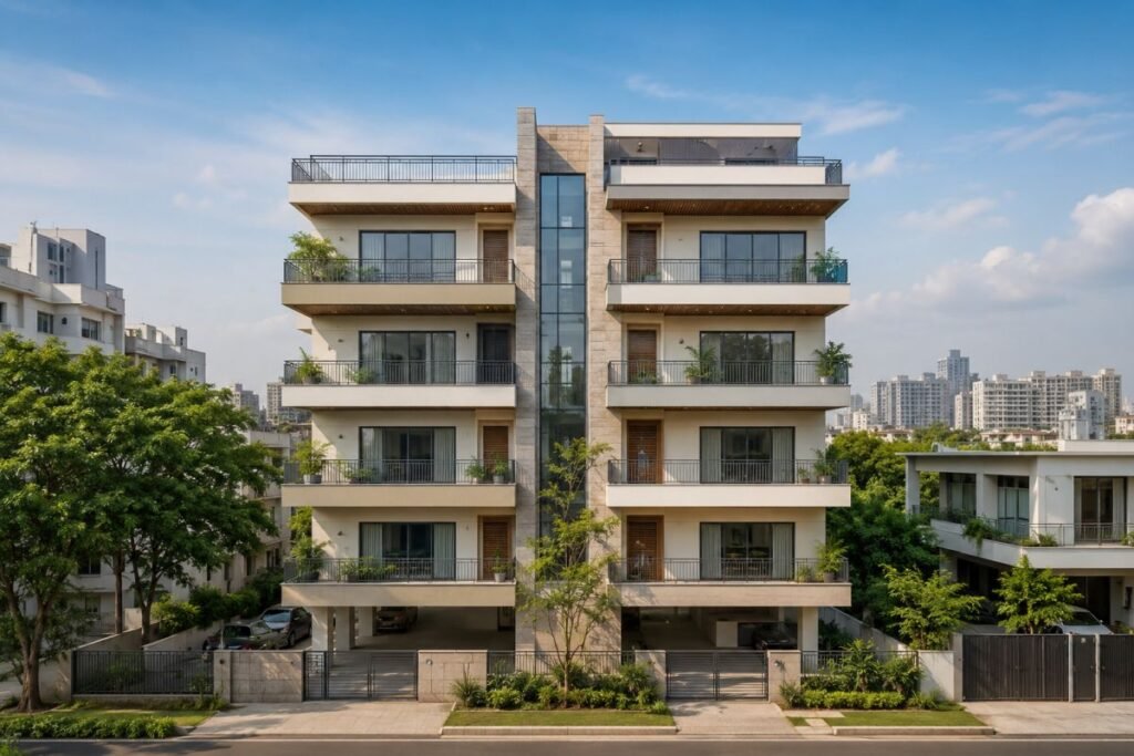 Modern builder floor in Gurugram with private entrance and landscaped surroundings