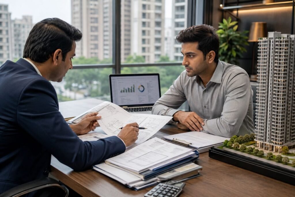Buyer checking builder credentials and residential project documents