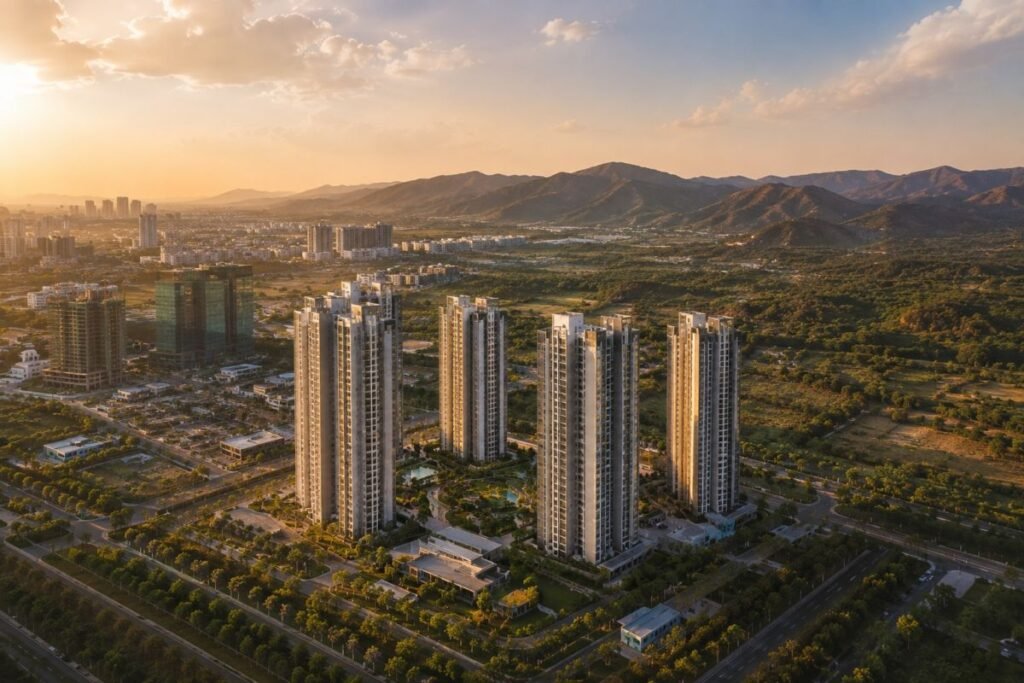 DLF Privana luxury towers overlooking the Aravalli Hills in Gurugram