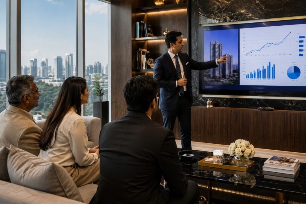 Real estate consultant explaining DLF Privana price comparison and investment analysis