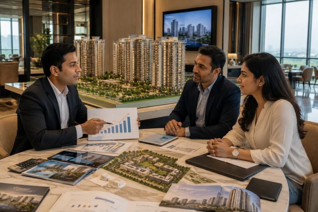 Real estate advisor explaining DLF investment opportunities in Gurugram.