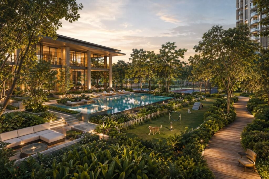 Godrej Astra clubhouse swimming pool and landscaped amenities Gurgaon