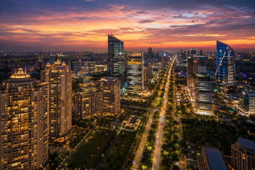 Golf Course Road Gurugram luxury skyline at sunset