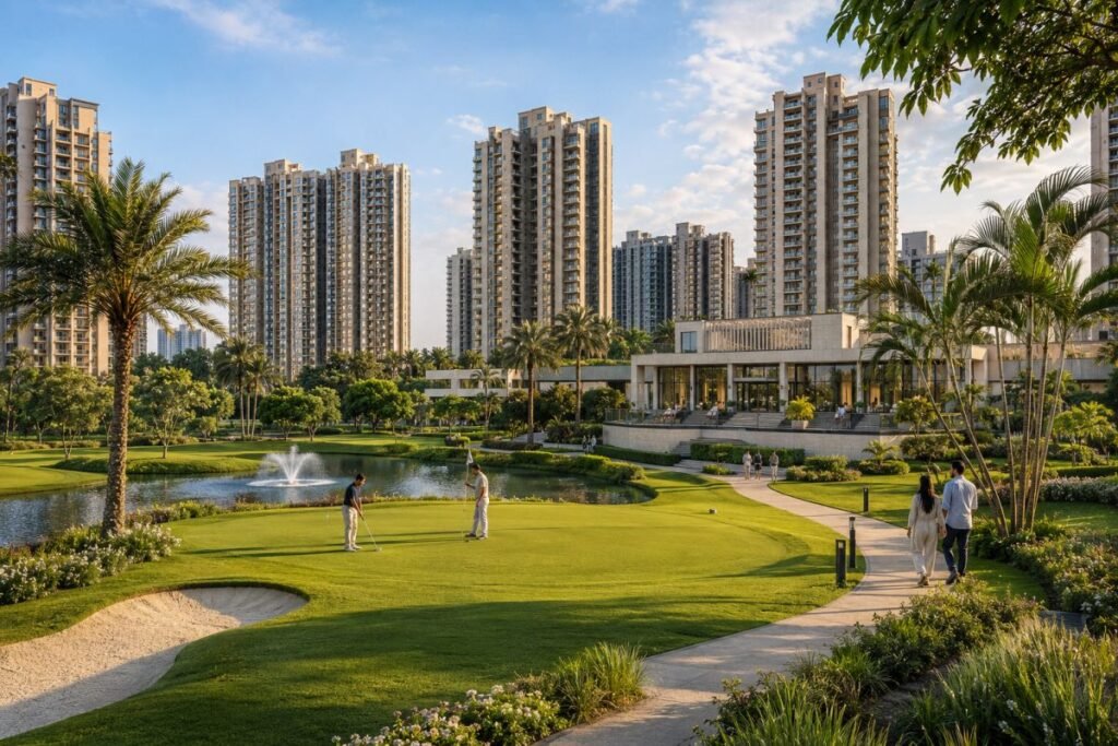 M3M Golf Estate golf course clubhouse and landscaped amenities Gurugram