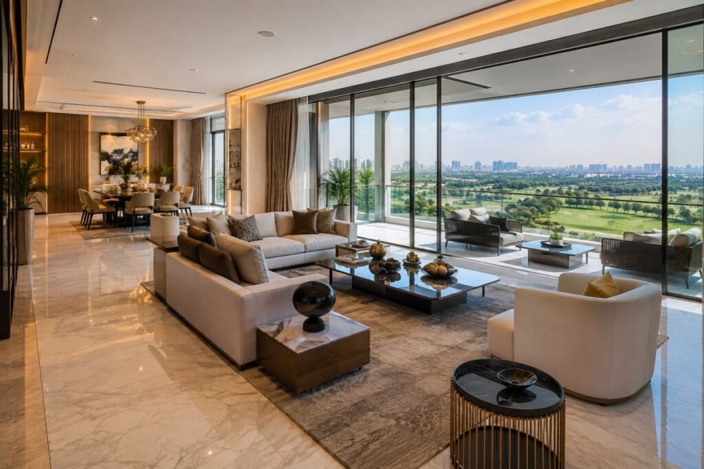 M3M Golf Estate luxury apartment interior with spacious living room
