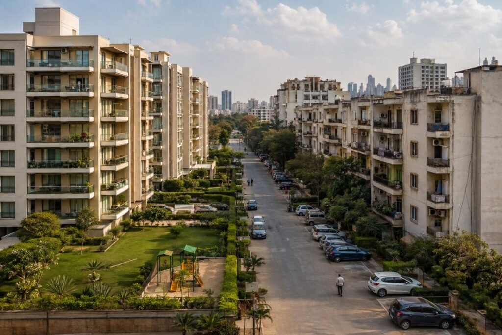 Modern and older apartment buildings representing different property vintages in Sector 15 Gurugram
