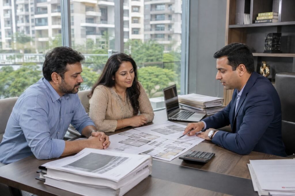 Buyer reviewing property documents during Sector 18 Gurugram due diligence
