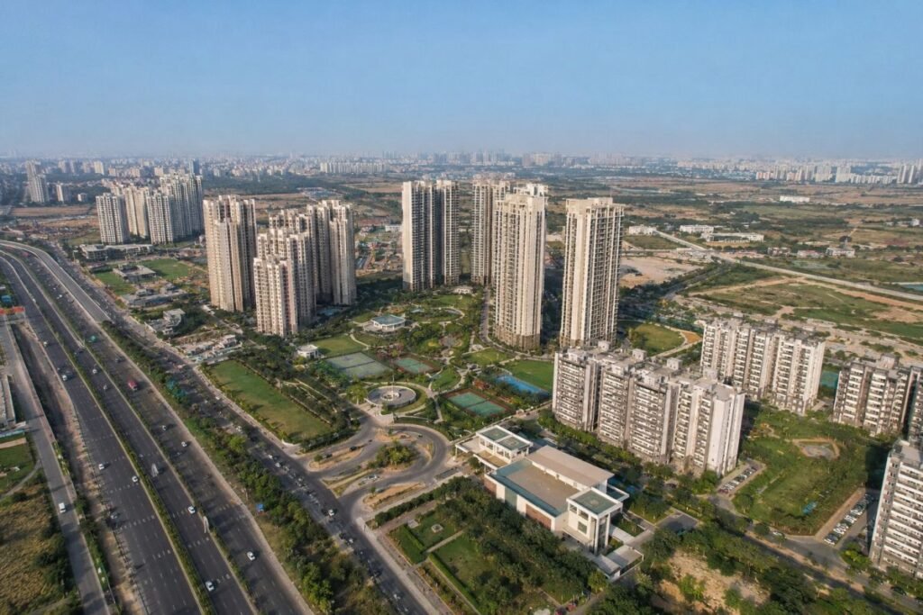 Aerial view of Sector 82 Gurgaon with Vatika India Next township and NH-48 connectivity