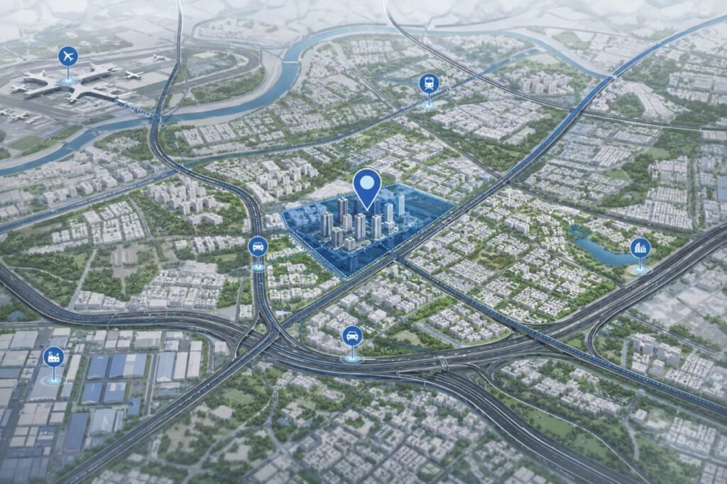 Connectivity map showing Sector 82 Gurugram linked to NH-48, Dwarka Expressway and IMT Manesar