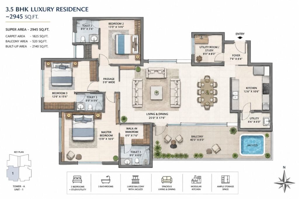 Smartworld The Edition 3.5 BHK floor plan layout showing 2945 sqft apartment with balcony, jacuzzi and master suite at Sector 66 Gurgaon