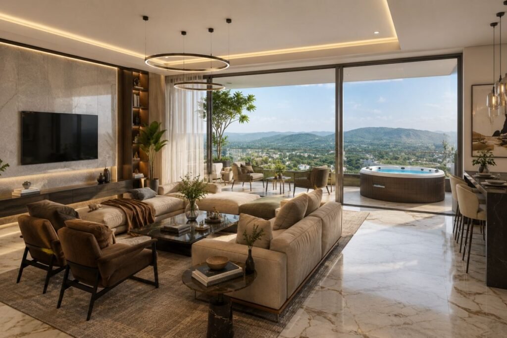 Smartworld The Edition luxury apartment interior living room with Italian marble flooring, 9 foot balcony and jacuzzi view at Sector 66 Gurgaon