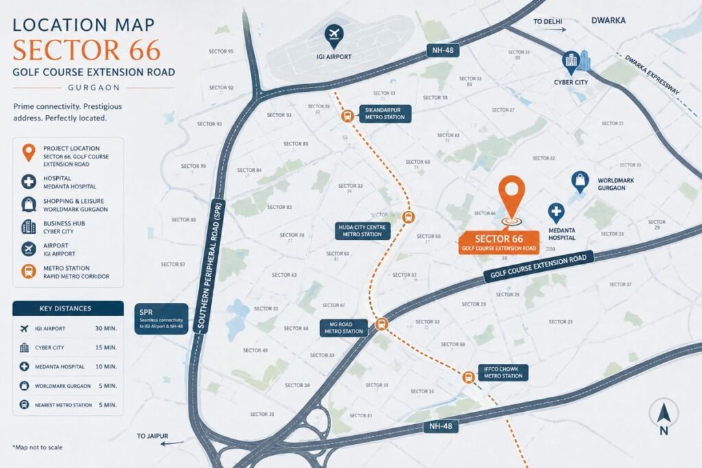 Smartworld The Edition location map showing Sector 66 connectivity to Golf Course Extension Road, SPR, NH-48, IGI Airport and nearby landmarks Gurgaon