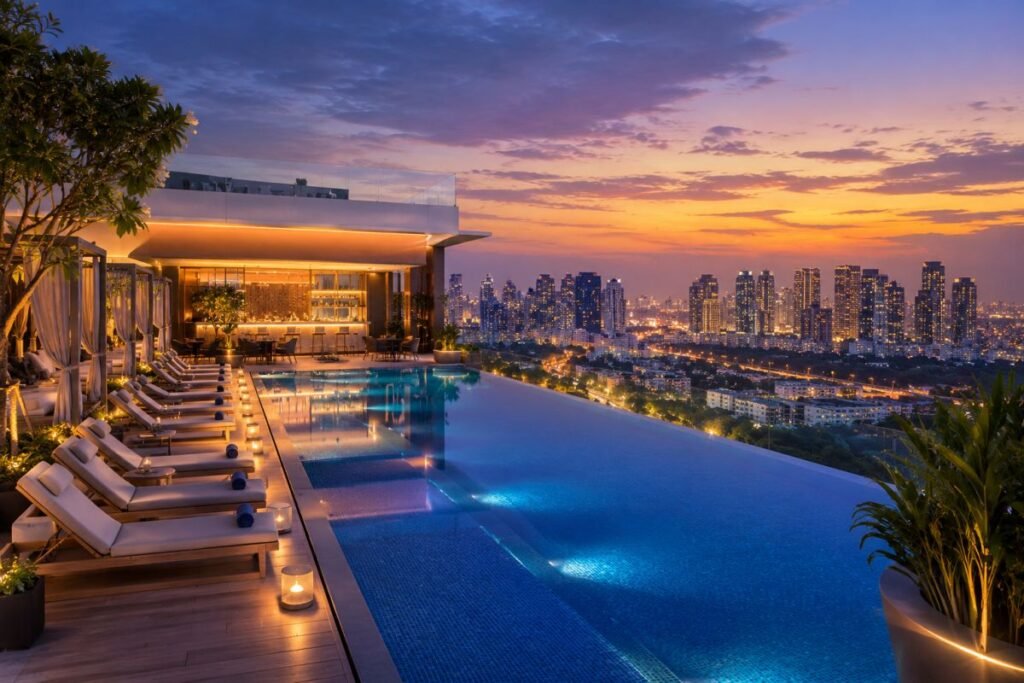 Smartworld The Edition 1 lakh sqft clubhouse rooftop infinity pool with panoramic Gurgaon city skyline views at Sector 66
