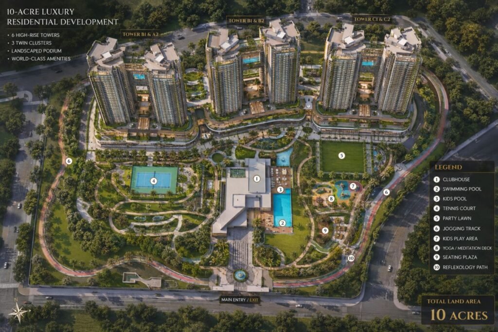 Smartworld The Edition 10 acre master plan showing 6 twin towers, central greens, clubhouse and podium amenities at Sector 66 Gurgaon