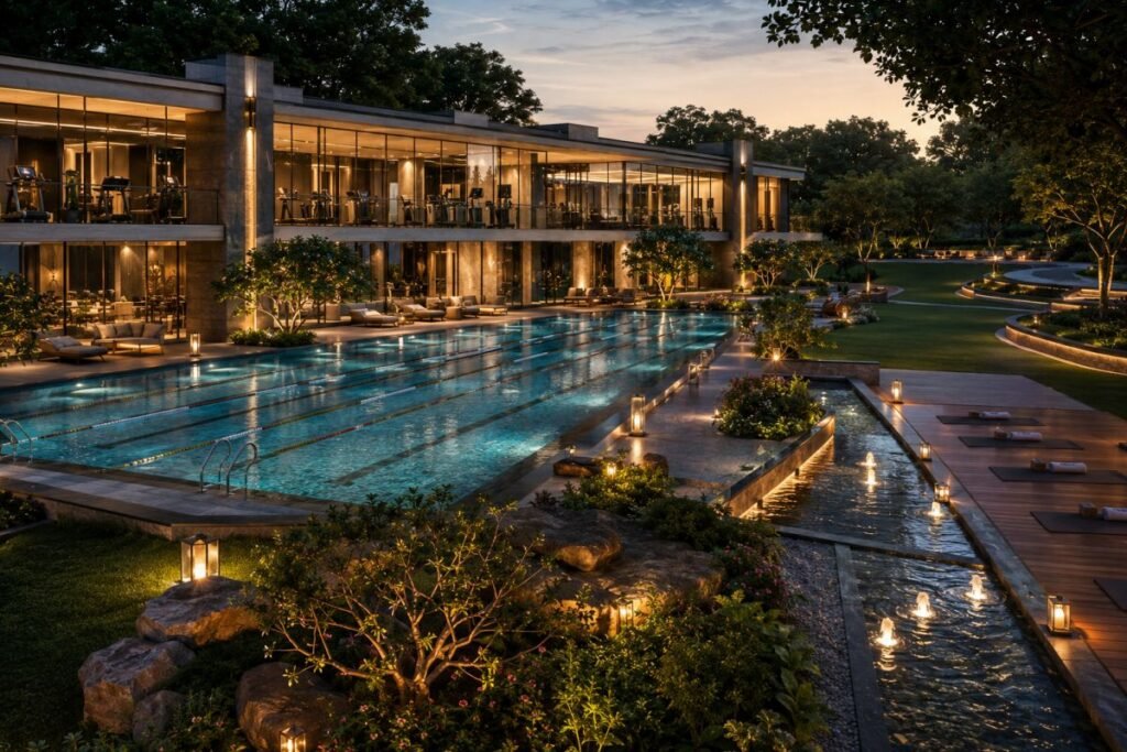 Clubhouse swimming pool and landscaped amenities at Sobha Aranya Sector 80