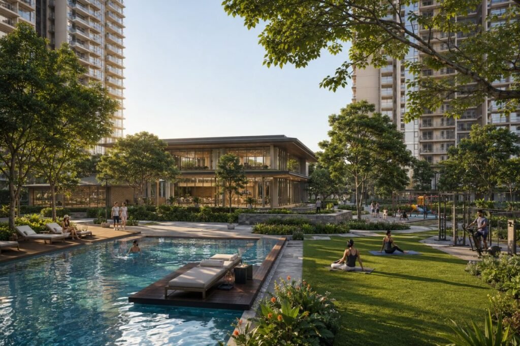 Sobha Crescent amenities pool clubhouse landscaped gardens Gurugram