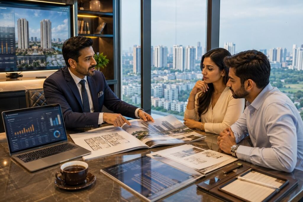 Luxury homebuyers consulting property expert about Trump Towers Gurgaon
