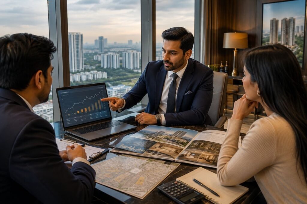 Luxury real estate advisor explaining Trump Towers Gurgaon investment analysis