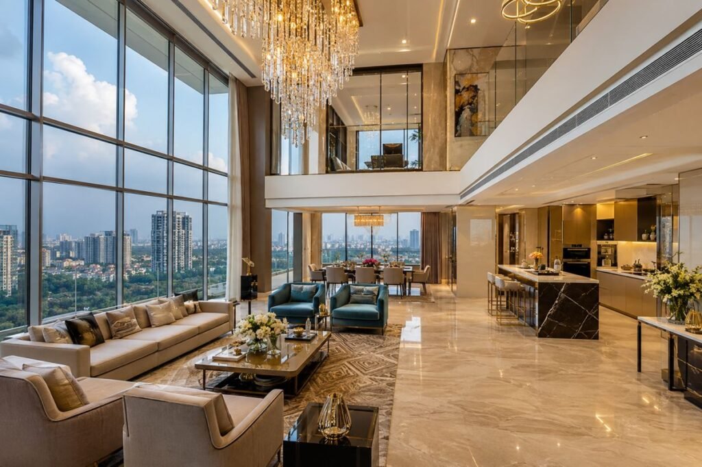 Luxury apartment interior at Trump Towers Gurgaon with double-height living room