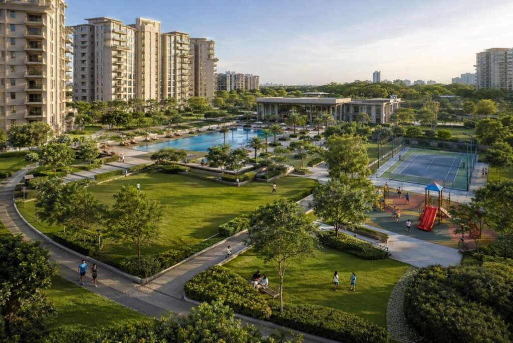 Landscaped open spaces and amenities at Vatika Sovereign Park