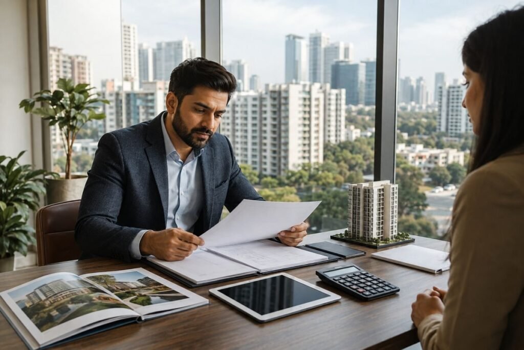 Investor reviewing Conscient Elaira Residences property investment documents