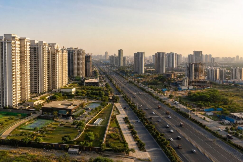 Dwarka Expressway Gurugram residential corridor with modern apartment towers