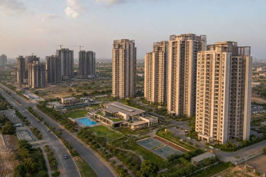 Modern apartment communities and landscaped developments in Dwarka Expressway Sectors 105 to 107