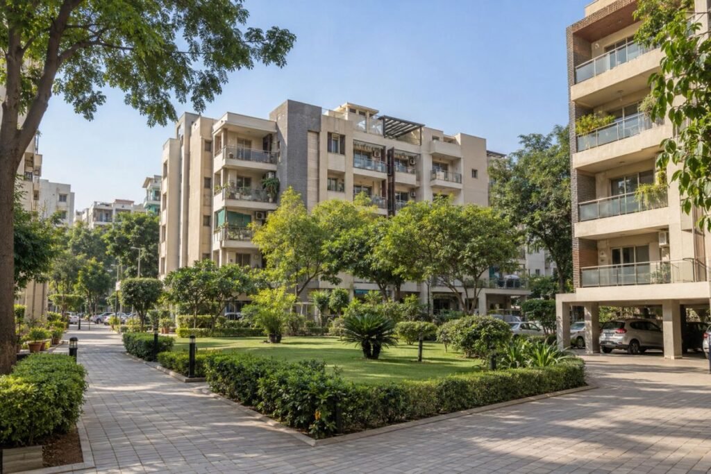 Flats in Sector 28 Gurugram showing established apartment societies and landscaped residential surroundings