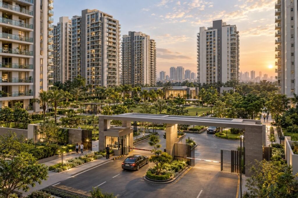 Gated community properties in Gurugram with landscaped residential towers