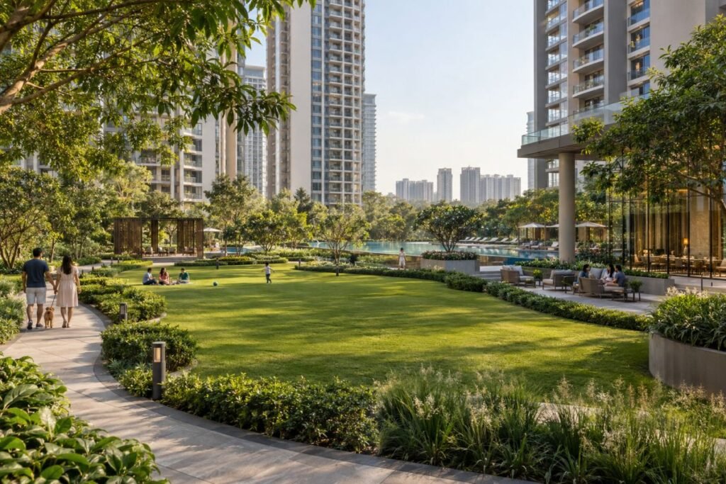 Landscaped central greens and luxury amenities at a Gurugram residential development